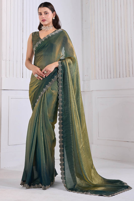 Gratifying Green Jarkan Work Fandy Silk Saree