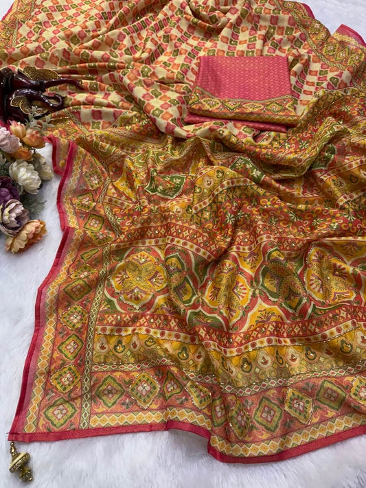 Panoply Multicolor Chinon Silk Printed Mirror Work Saree