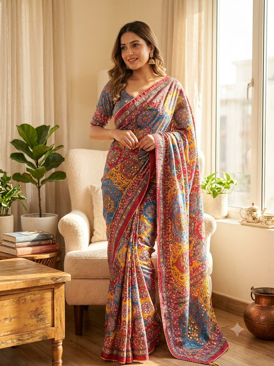 Prettiest Multicolor Chinon Silk Printed Mirror Work Saree