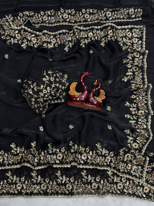 Engrossing Black Fandy Chiffon Silk Sequence Embroidery Work Saree