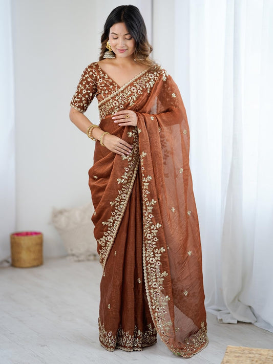 Embrocation Brown Fandy Chiffon Silk Sequence Embroidery Work Saree