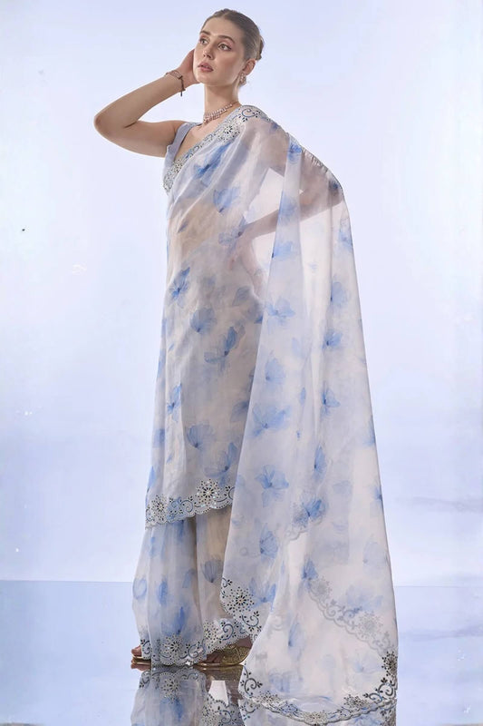 Lustrous Off White Fandy Silk Printed Sequence Embroidery Work Saree