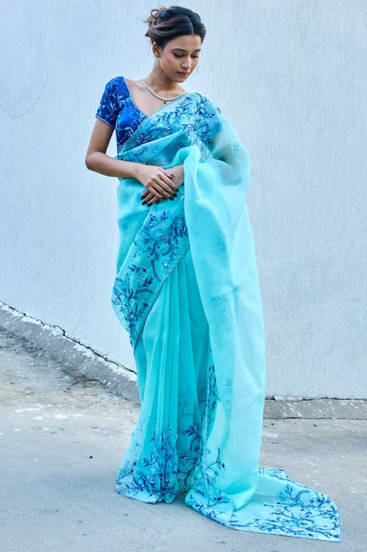 Desirable Sky Organza Silk Printed Hand Work Saree