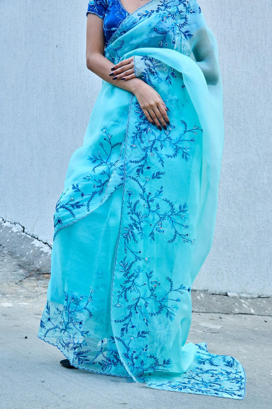 Desirable Sky Organza Silk Printed Hand Work Saree