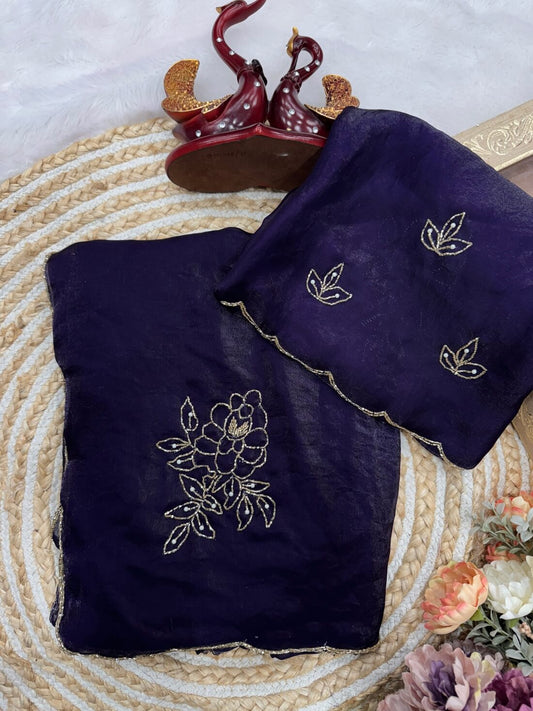 Ethnic Navy Blue Fandy Silk Hand Work Saree