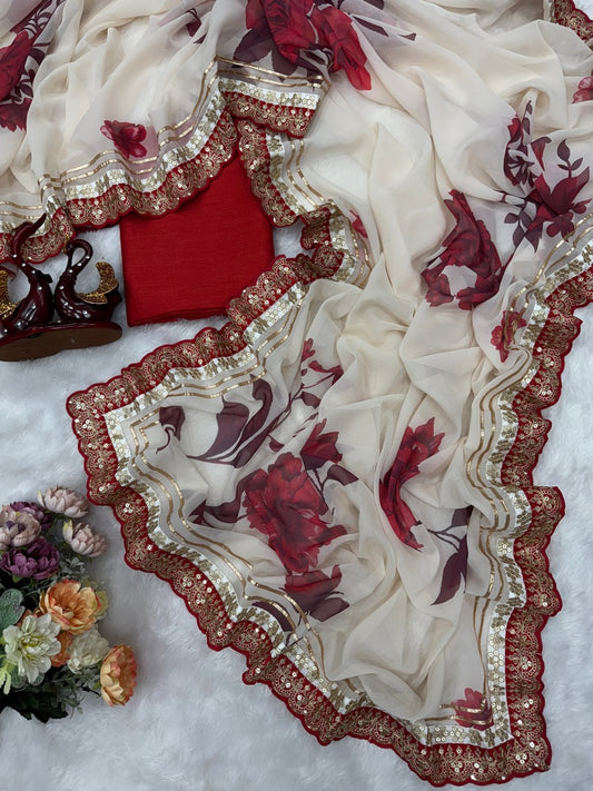 Admirable Off White Georgette Silk Printed Sequence Embroidery Work Saree