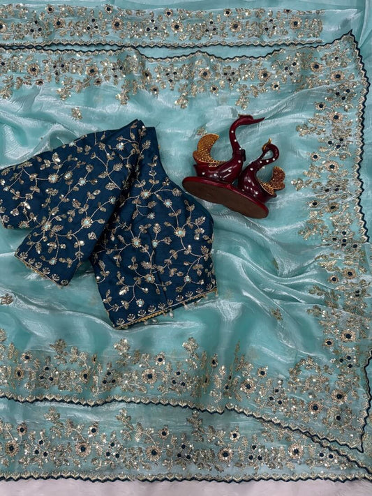 Sophisticated Sky Jimmy Choo Sequence Embroidery Work Saree With Stitched Blouse