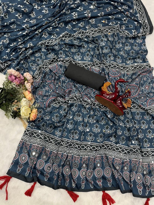 Denouement Blue Crape Silk Ajrakh Printed Mirror Work Saree