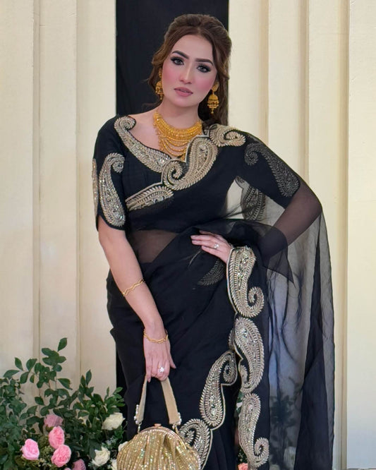 Glorious Black Rangoli Silk Sequence Embroidery Work Saree