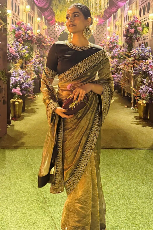 Classic Golden Soft Net Sequence Embroidery Work Saree