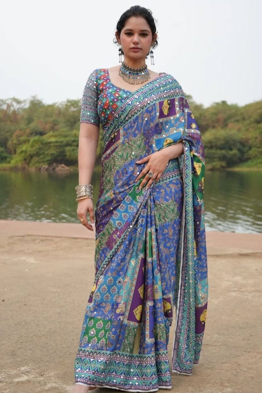 Pulsating Multicolor Chinon Silk Printed Mirror Work Saree