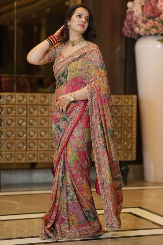 Surreptitious Multicolor Chinon Silk Printed Mirror Work Saree