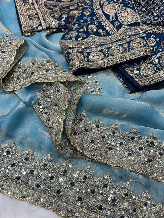 Invaluable Sky Fendy Silk Sequence Embroidery Work Saree With Stitched Blouse