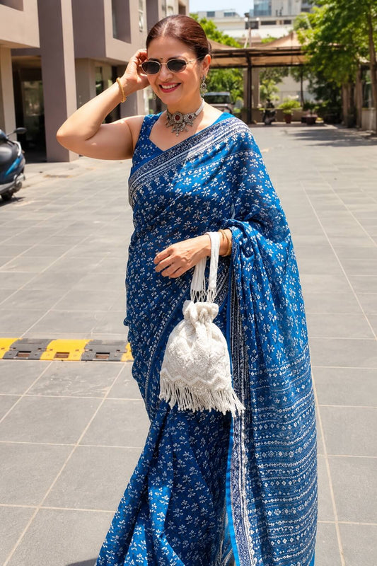 Forbearance Blue Georgette Silk Printed Embroidery Mirror Work Saree