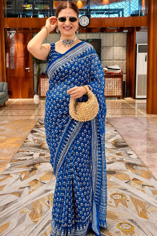 Forbearance Blue Georgette Silk Printed Embroidery Mirror Work Saree