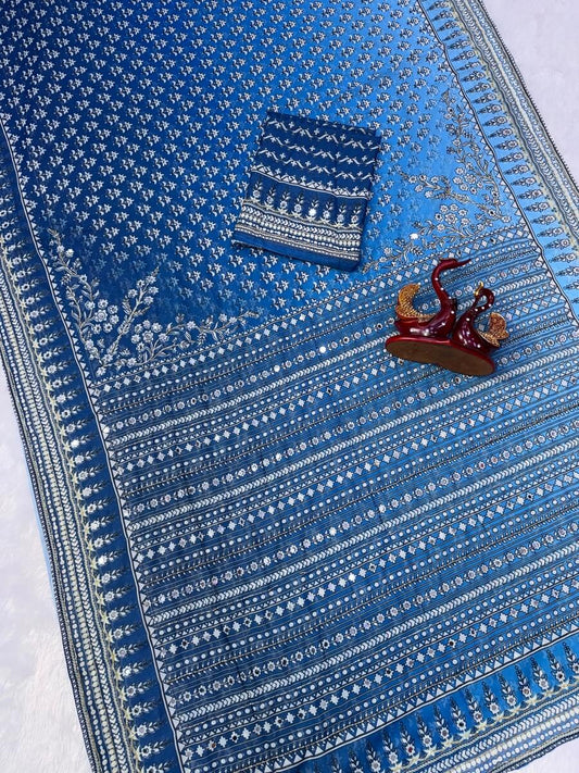 Sempiternal Blue and Sky Georgette Silk Printed Embroidery Mirror Work Saree