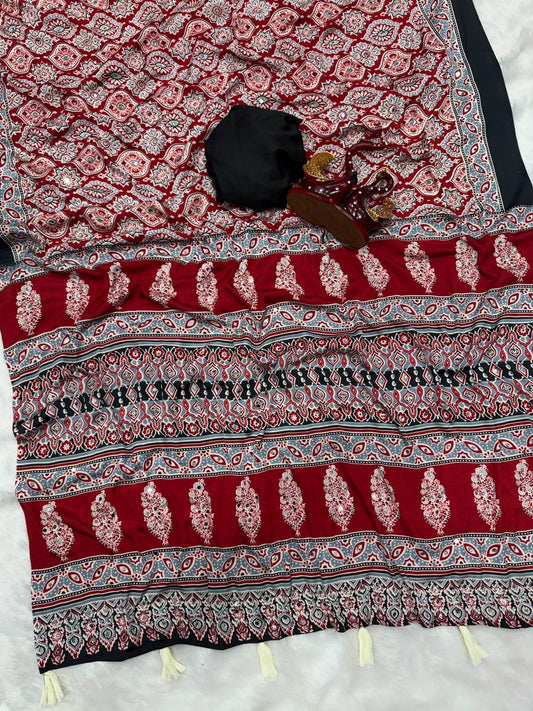 Bucolic Maroon Crape Silk Ajrakh Printed Mirror Work Saree