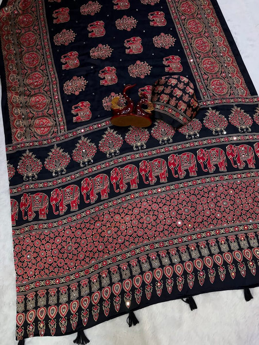 Enthralling Black Crape Silk Ajrakh Printed Mirror Work Saree