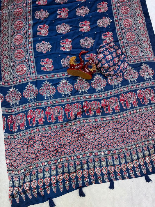 Divine Blue Crape Silk Ajrakh Printed Mirror Work Saree
