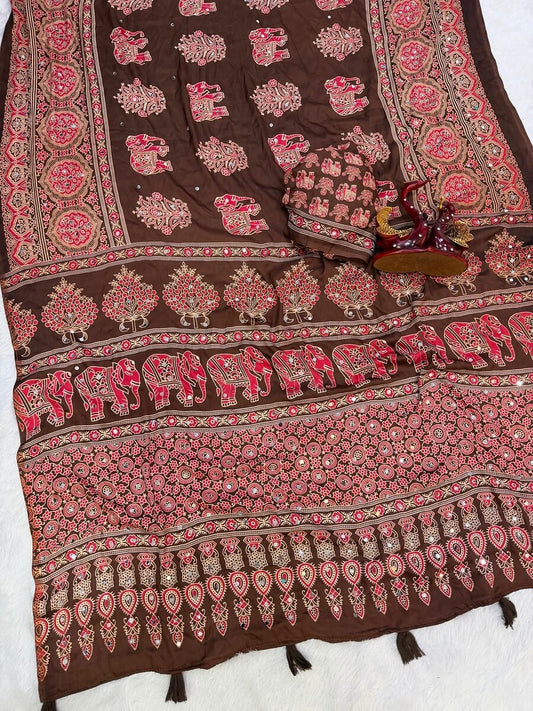 Angelic Brown Crape Silk Ajrakh Printed Mirror Work Saree