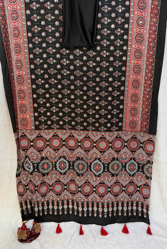 Magnetic Black Crape Silk Ajrakh Printed Mirror Work Saree