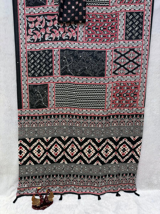 Splendorous Black Crape Silk Ajrakh Printed Mirror Work Saree