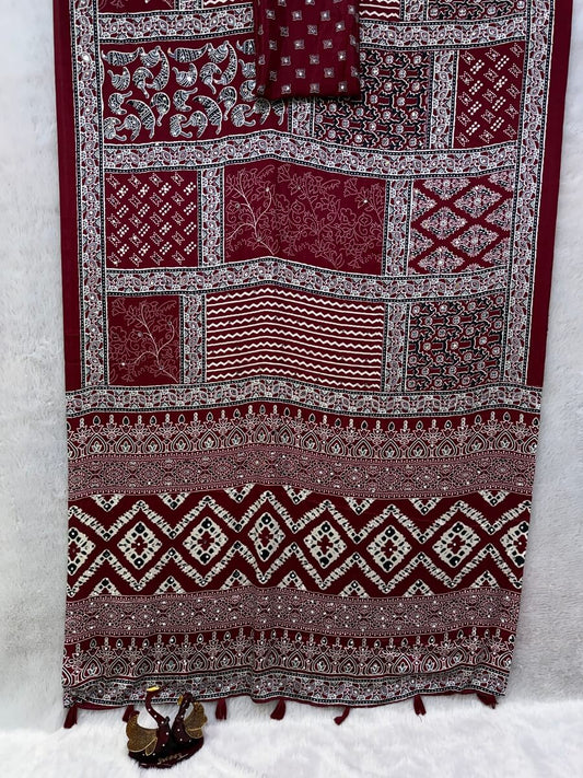 Deserving Maroon Crape Silk Ajrakh Printed Mirror Work Saree