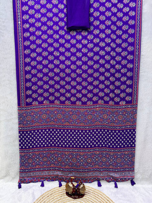Jazzy Purple Crape Silk Ajrakh Printed Mirror Work Saree