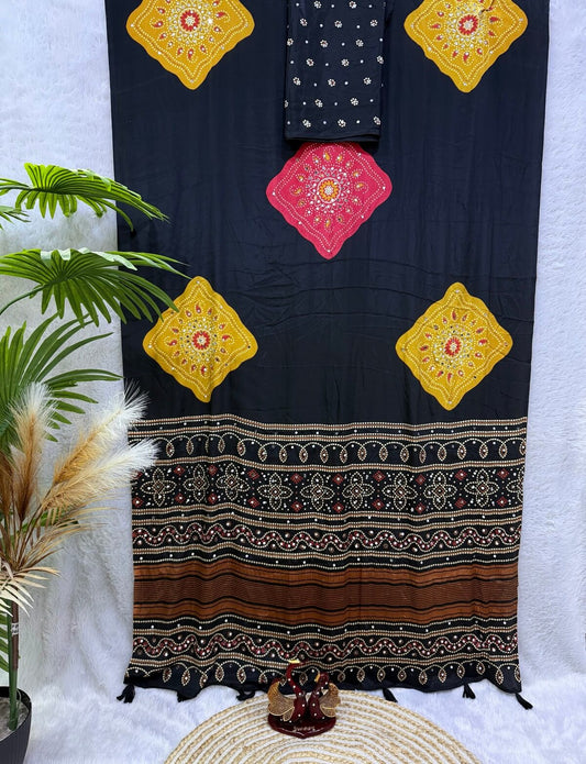 Mellifluous Black Crape Silk Ajrakh Printed Mirror Work Saree
