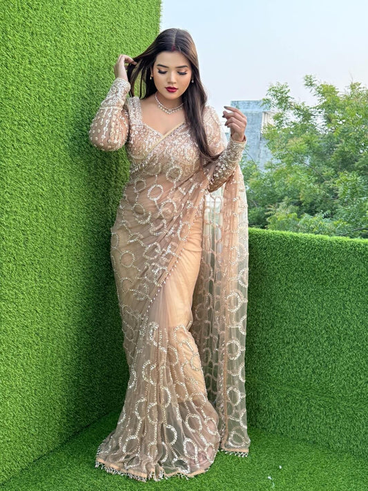 Surpassing Beige Twill Net Sequence Embroidery Work Saree