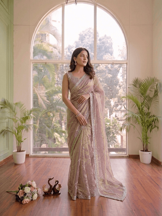 Propinquity Pink Fandy Silk Diamond Jarkan Work Saree