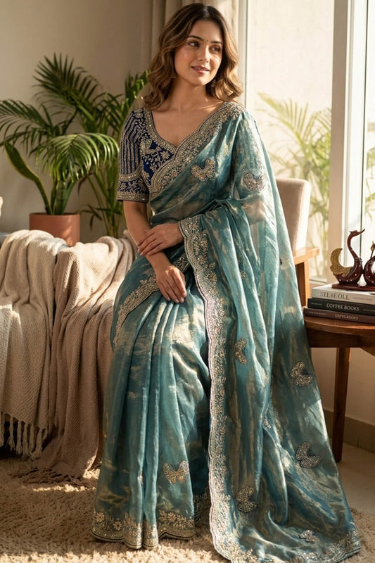 Glowing Firozi Fandy Silk Embroidery Work Saree With Full Stitched Blouse