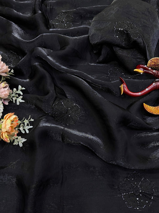Exuberant Black Fandy Silk Embroidery Work Saree