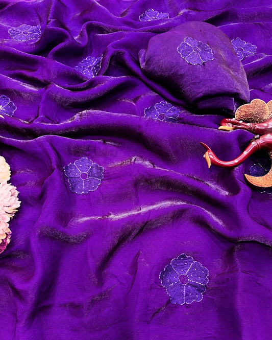 Captivating Purple Fandy Silk Embroidery Work Saree