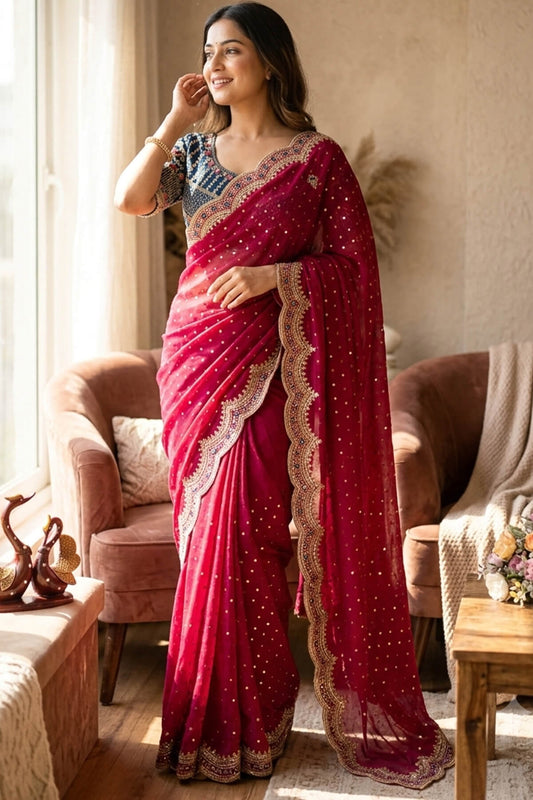 Resplendent Dark Pink Nylon Silk Sequence Embroidery Work Saree With Stitched Blouse