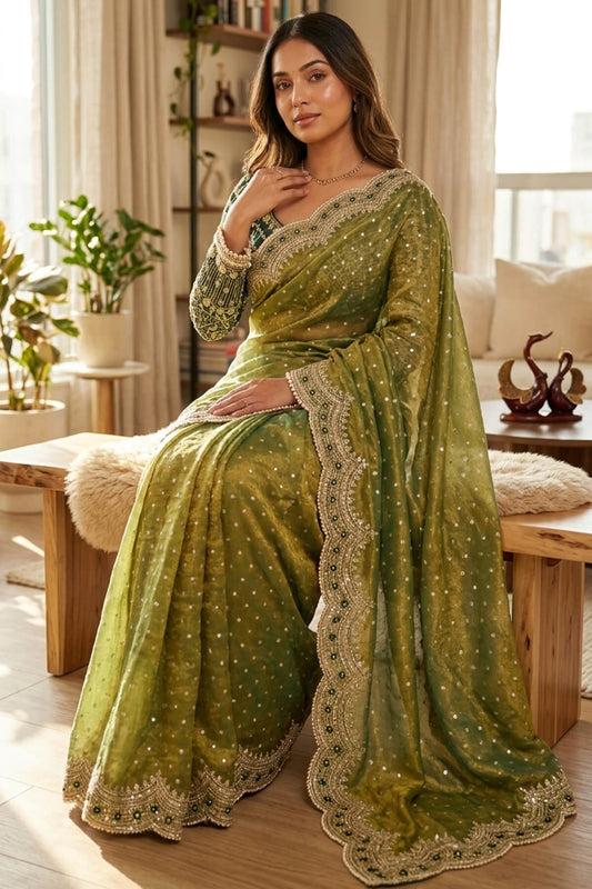 Splendorous Green Nylon Silk Sequence Embroidery Work Saree With Stitched Blouse