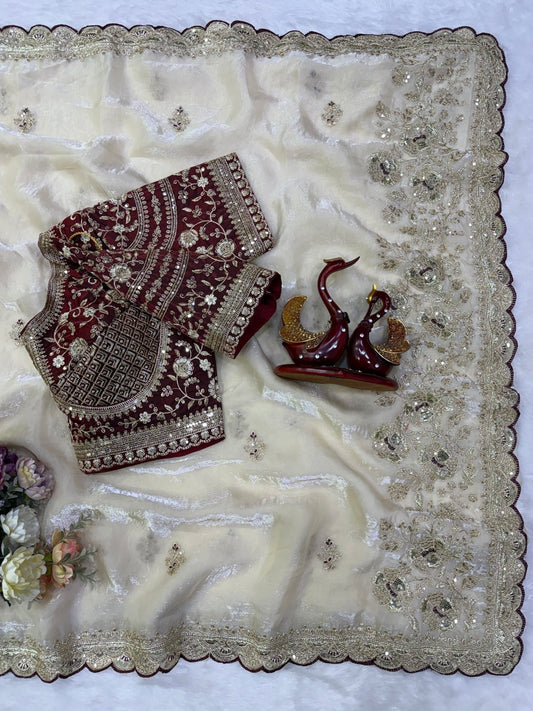 Enthralling Beige Fandy Silk Embroidery Work Saree With Full Stitched Blouse