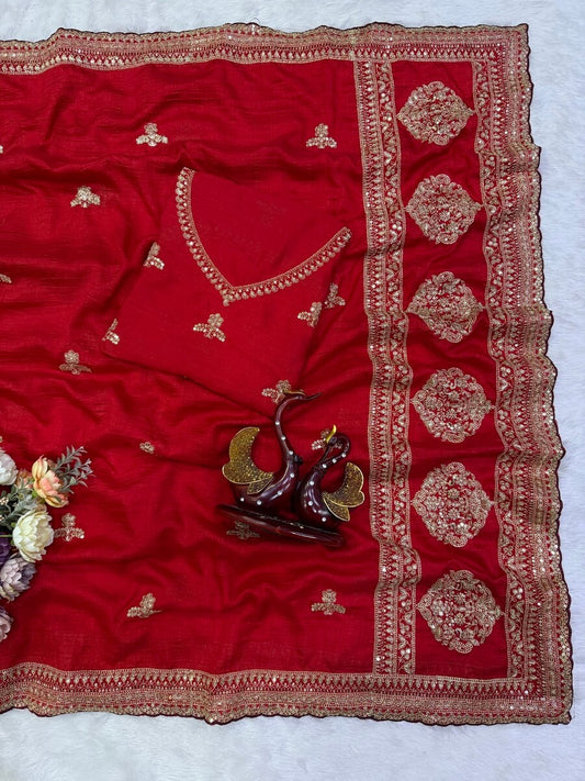 Aplomb Red Vichitra Silk Sequence Embroidery Work Saree