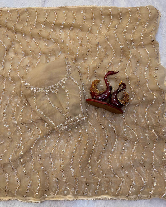 Nectarous Beige Soft Net Sequence Embroidery Work Saree