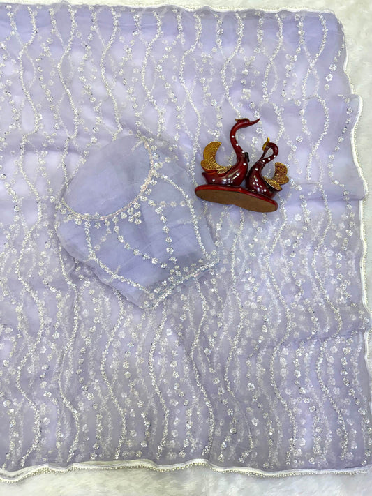 Rhapsodic Lavender Soft Net Sequence Embroidery Work Saree