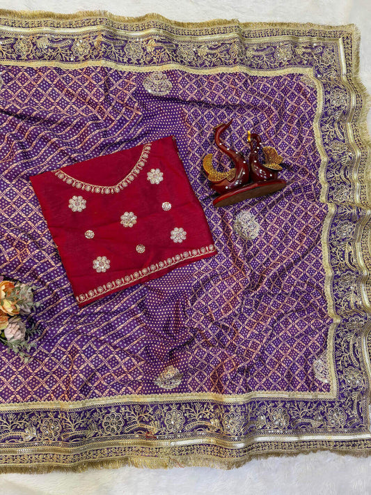 Engrossing Purple Chinon Silk Printed Embroidery Work Saree