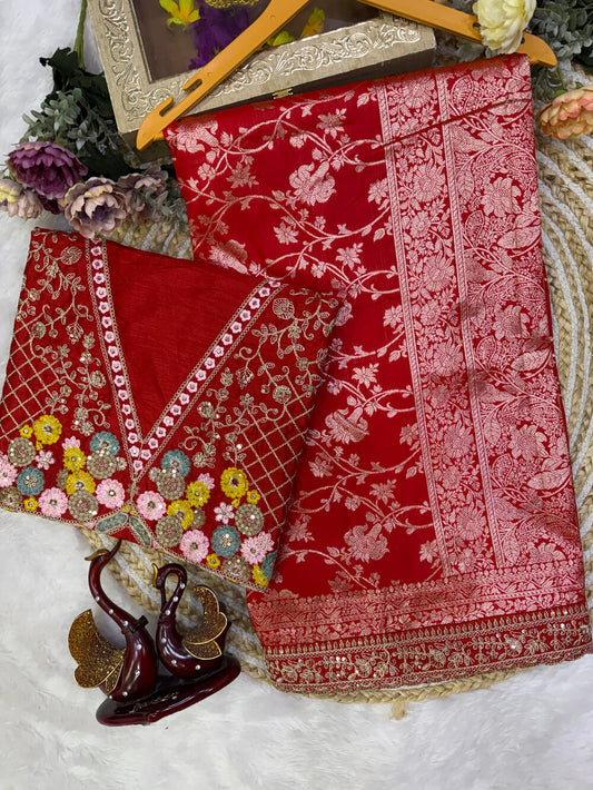 Artistic Red Soft Silk Sequence Embroidery Work Saree
