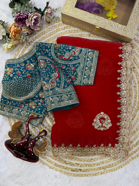Imaginative Red Fandy Silk Embroidery Work Saree With Full Stitched Blouse