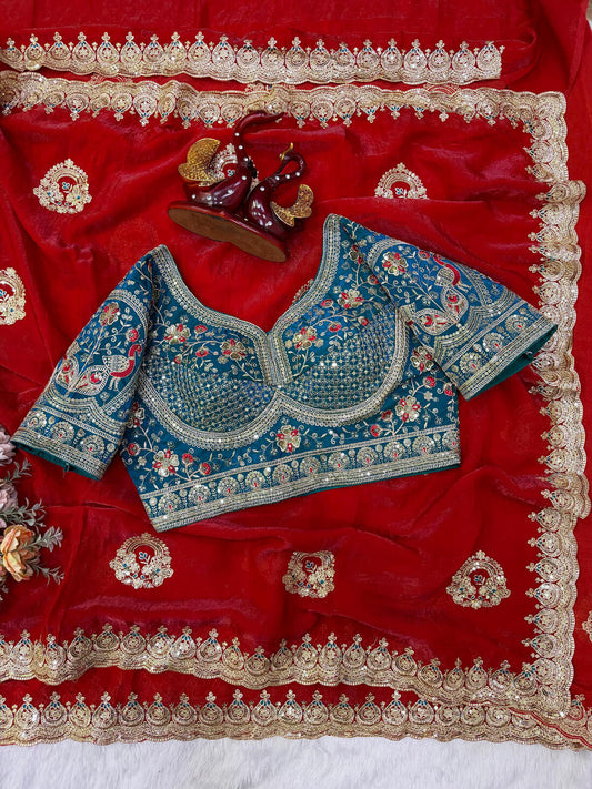 Imaginative Red Fandy Silk Embroidery Work Saree With Full Stitched Blouse