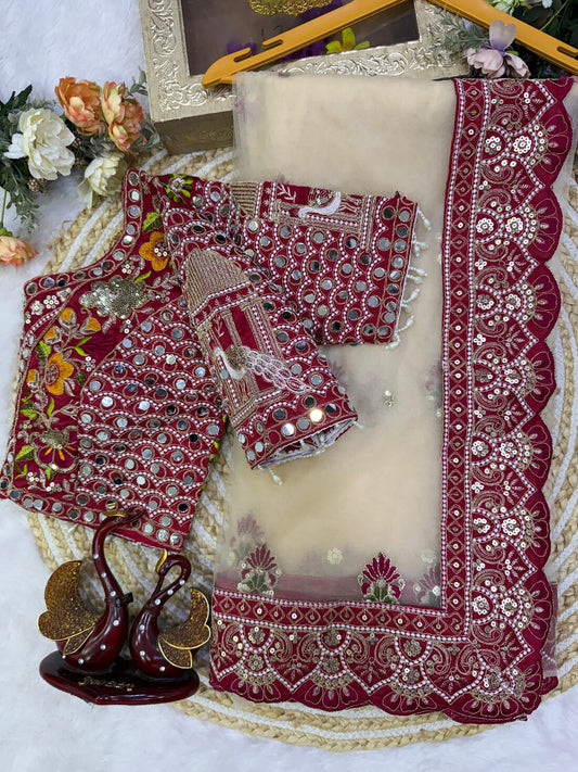 Traditional Beige Twill Net Embroidery Mirror Work Saree With Full Stitched Blouse