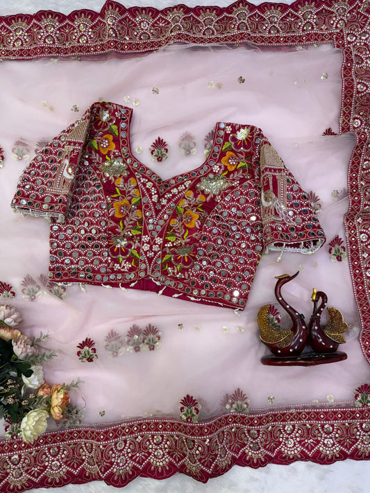 Ethereal Pink Twill Net Embroidery Mirror Work Saree With Full Stitched Blouse