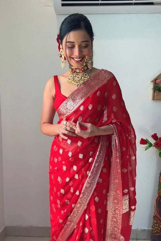 Tempting 1-Minute Ready To Wear Red Cotton Silk Saree - thelotusfab