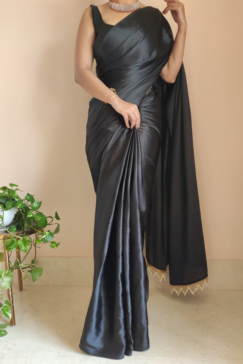 Pretty Black Satin Silk Embroidered Ready to Wear Saree