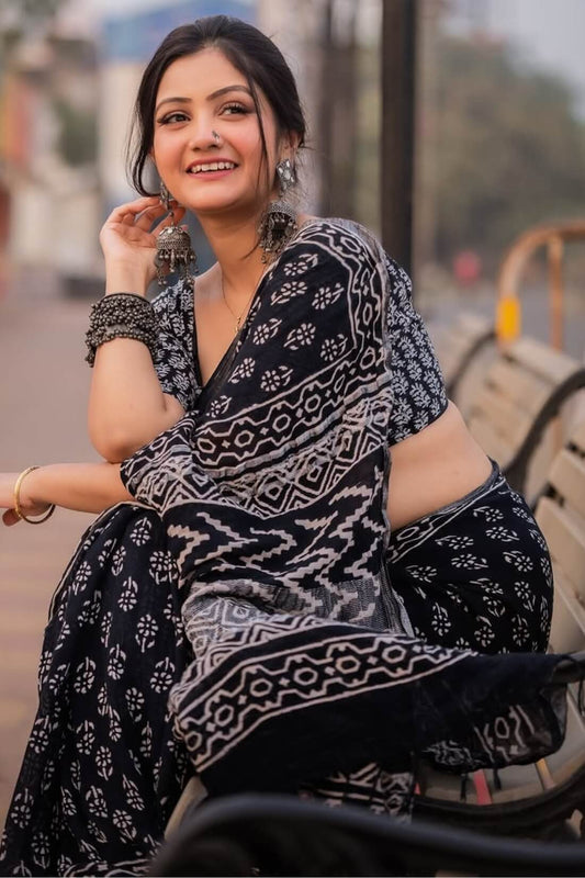 Luxuriant 1 Minute Ready To Wear Black Mul Cotton Digital Printed Saree