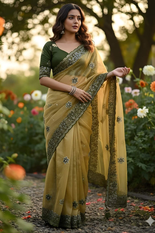 Susurrous Mustard Organza Silk Saree With Marvellous Full Stitched Blouse